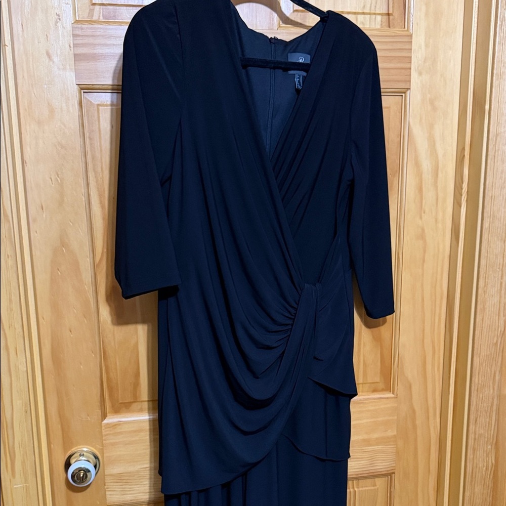 Adrianna Papell Black Wrap-Front Draped Cascade Wide-Leg Jumpsuit Romper Size 14 - Picture 4 of 15